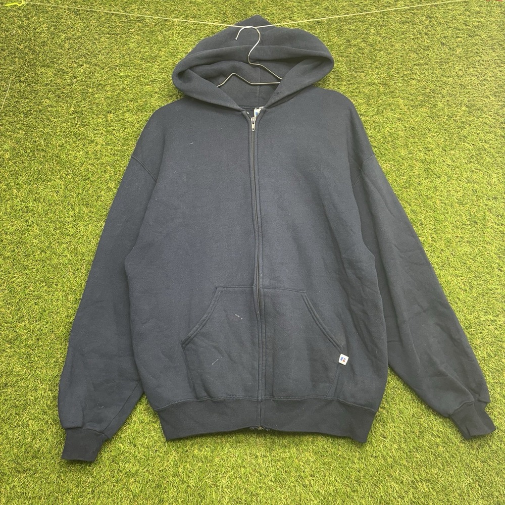 Vintage 90s Russell Athletic Hoodie Mens Large Blank Zip Up Blue Made in USA